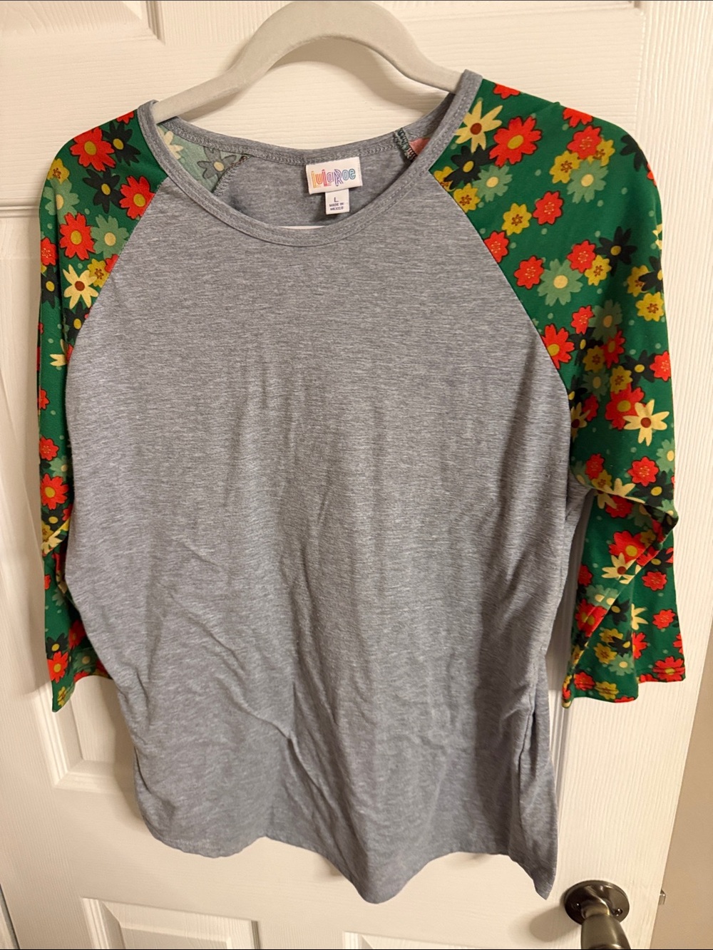 LuLaRoe Girls' Gray Tee with Green Floral Raglan Sleeves